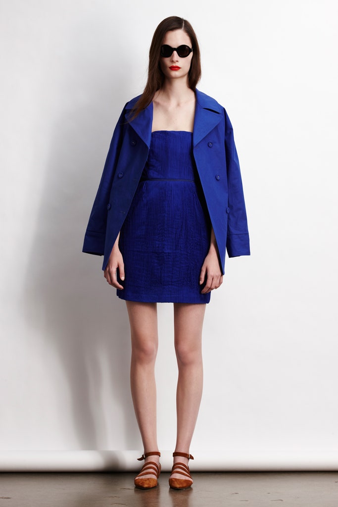 blue jacket and mini dress