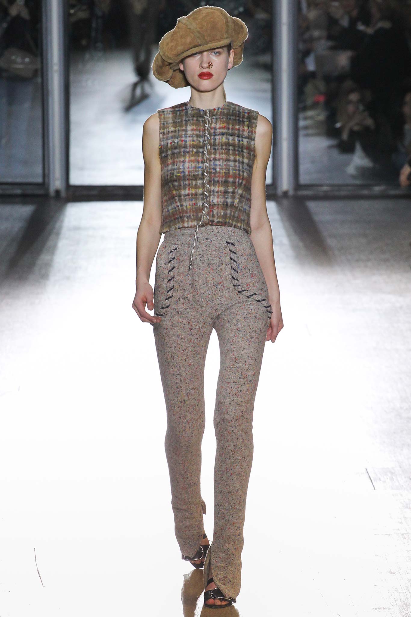 multi-colored tweed top with gray pants