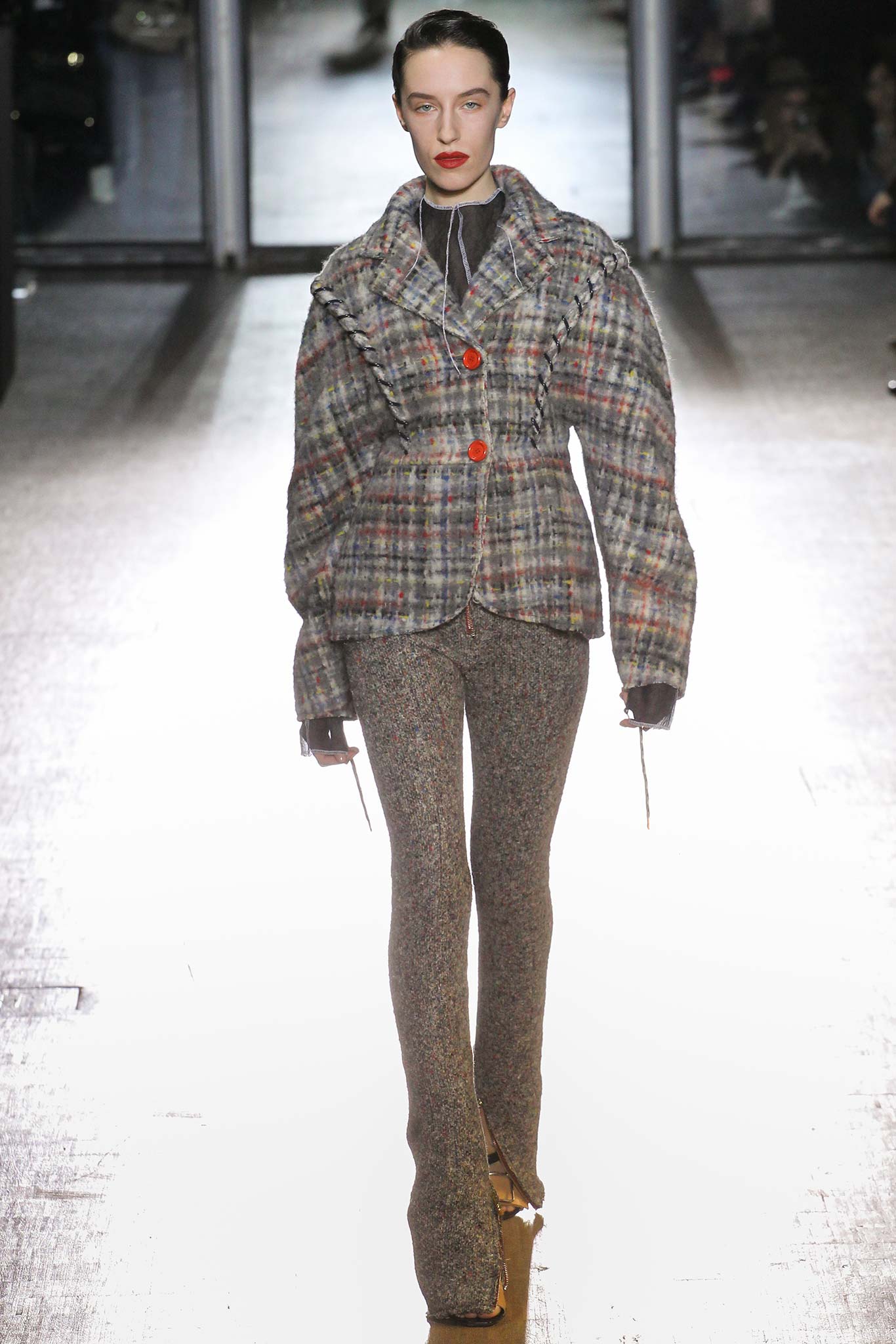 multi-colored tweed jacket with flared pants