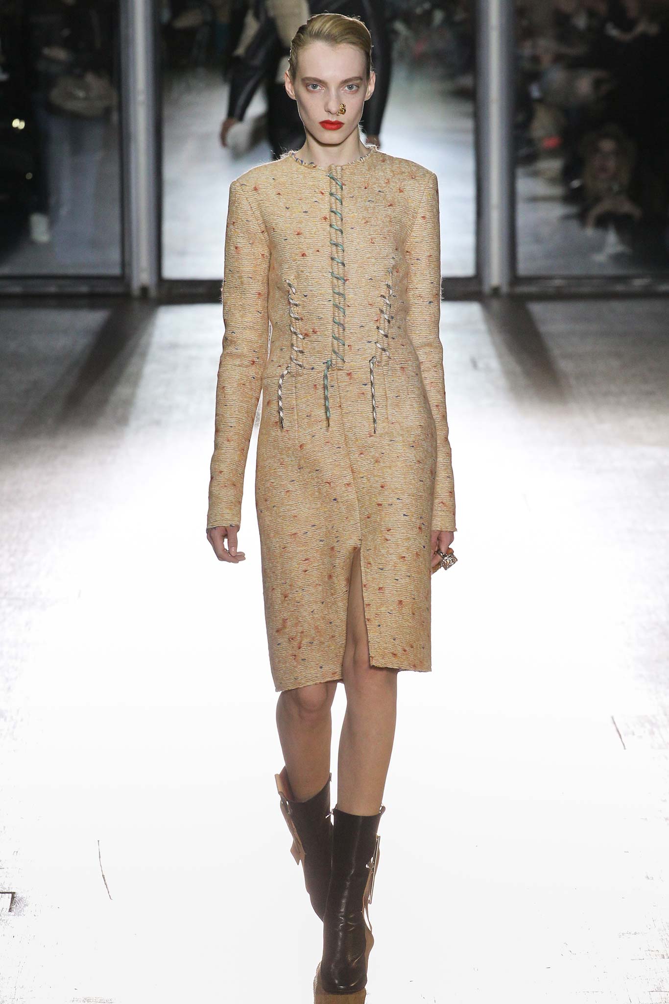 beige tweed fitted midi dress with brown leather boots