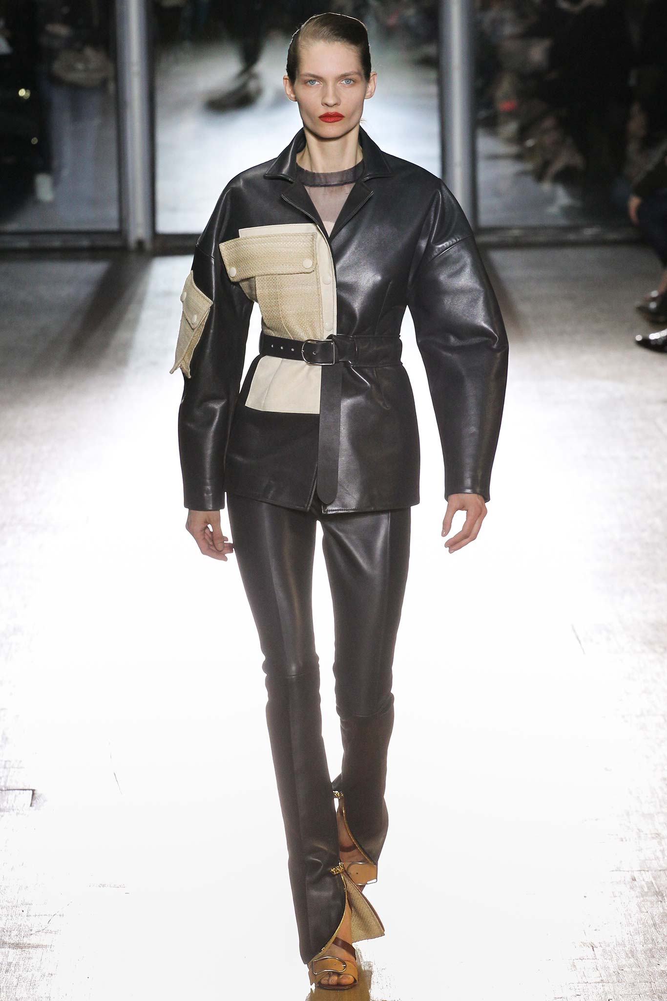 black leather fitted jacket and pants