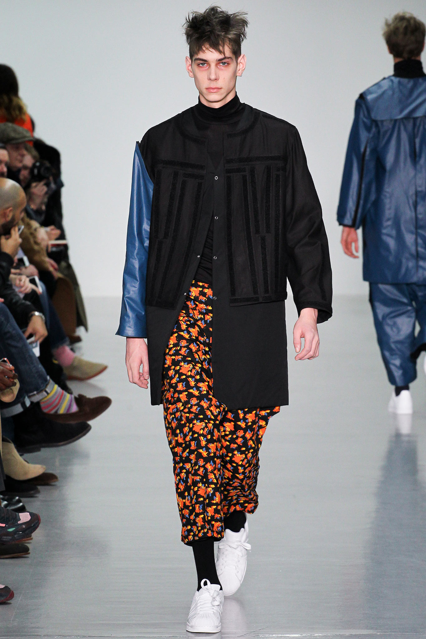 black and blue relaxed jacket with printed pants