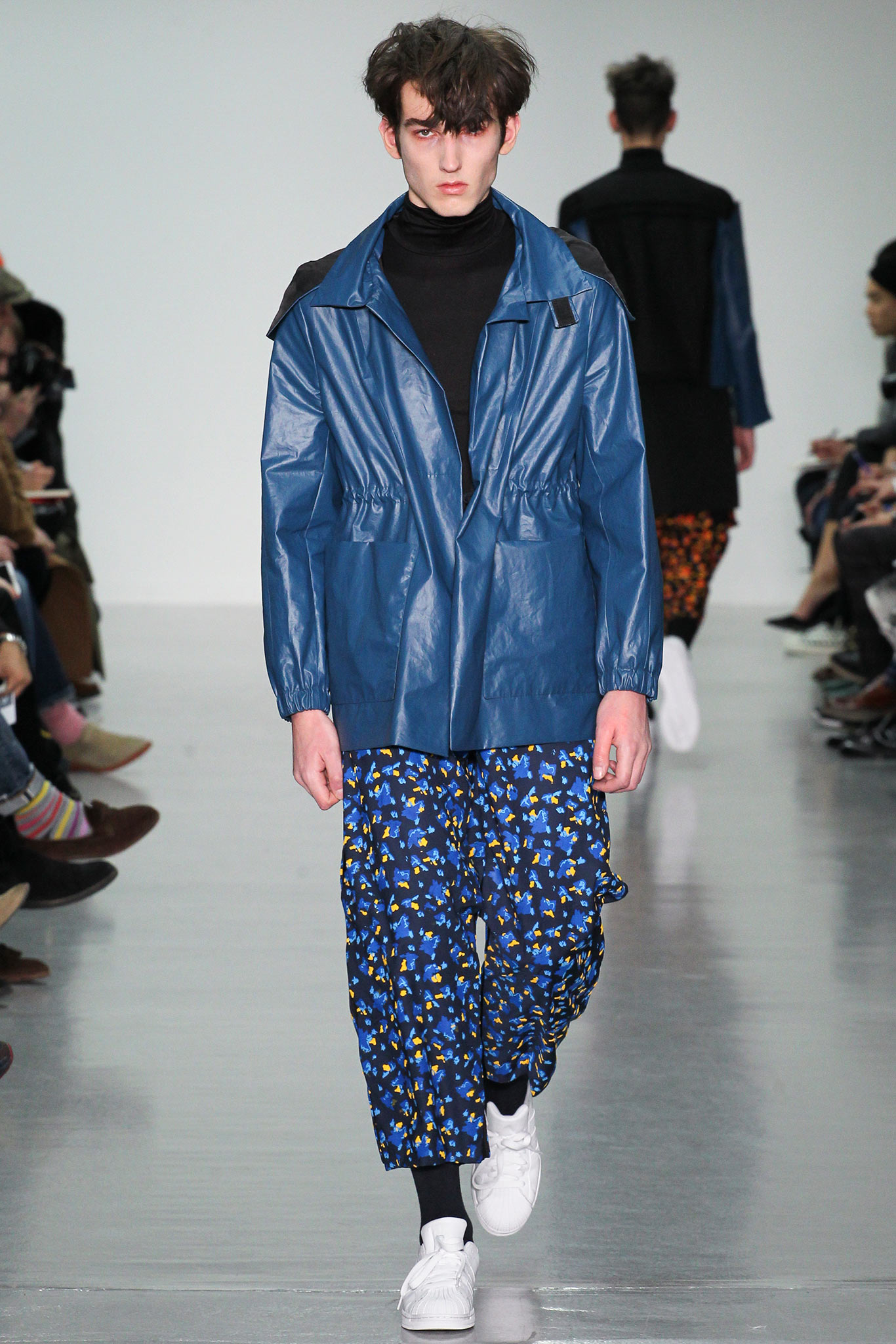 blue leather jacket with printed pants