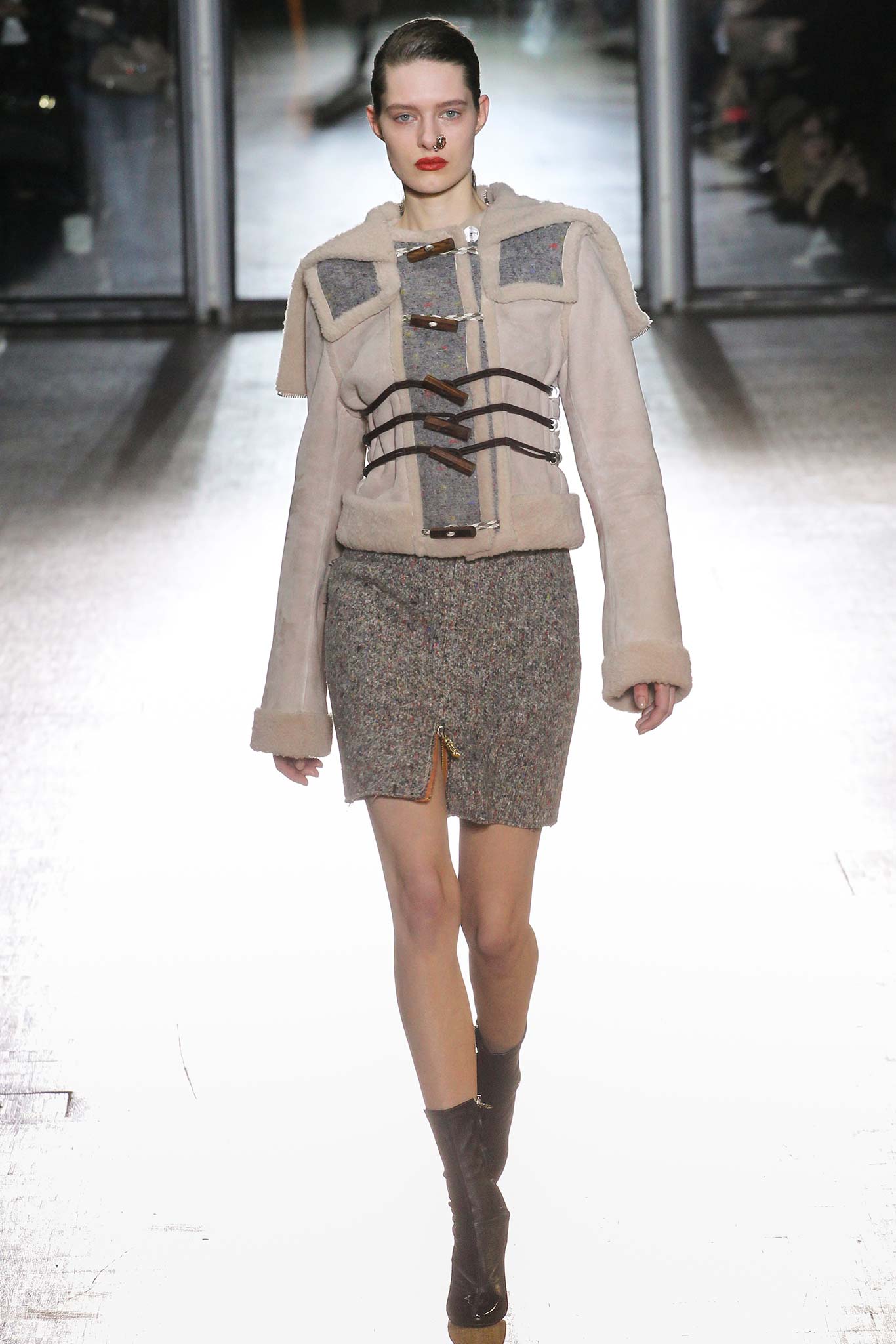 beige wool fitted jacket and gray pencil skirt