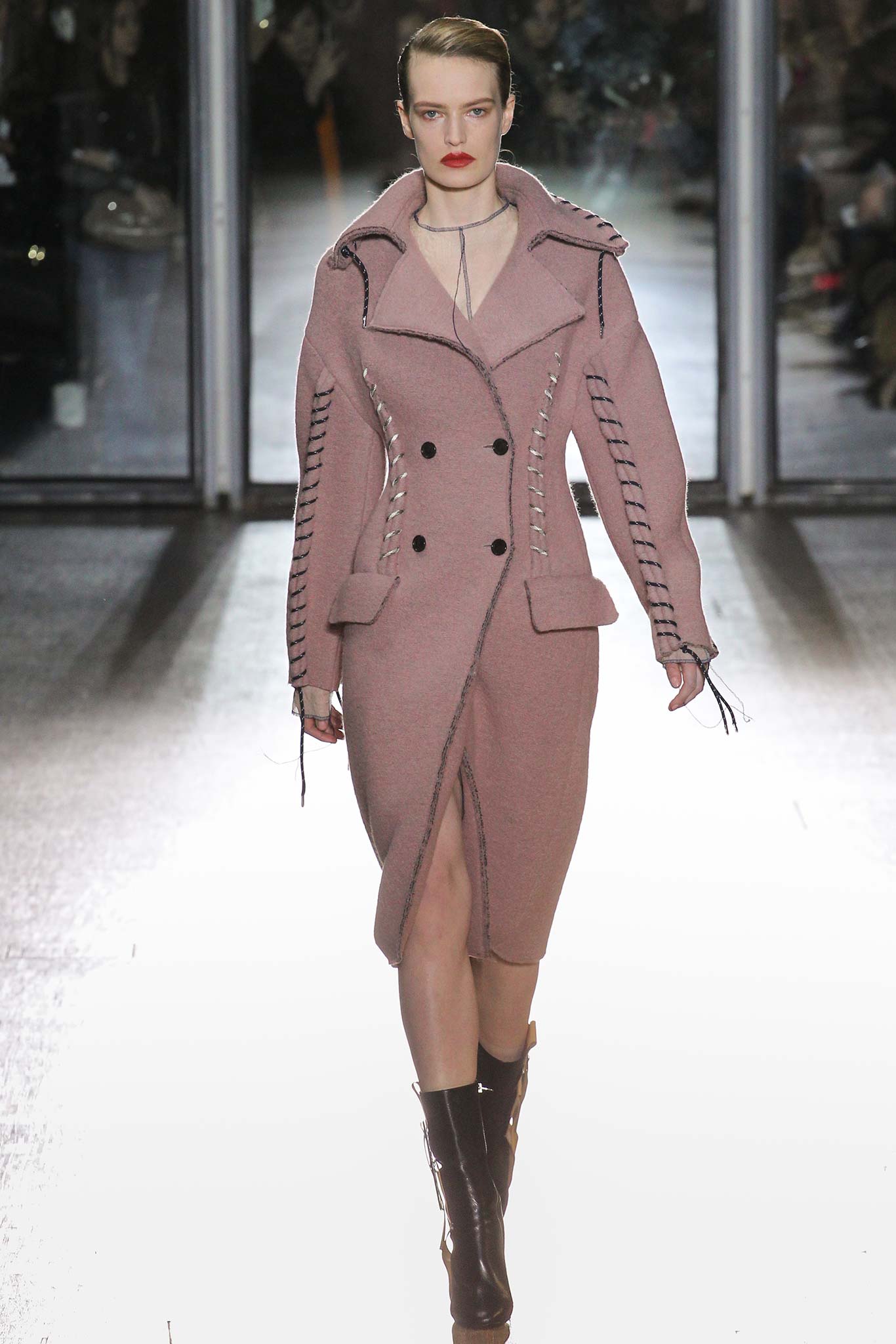 pink wool long-sleeve double-breasted fitted zippered embroidered coat