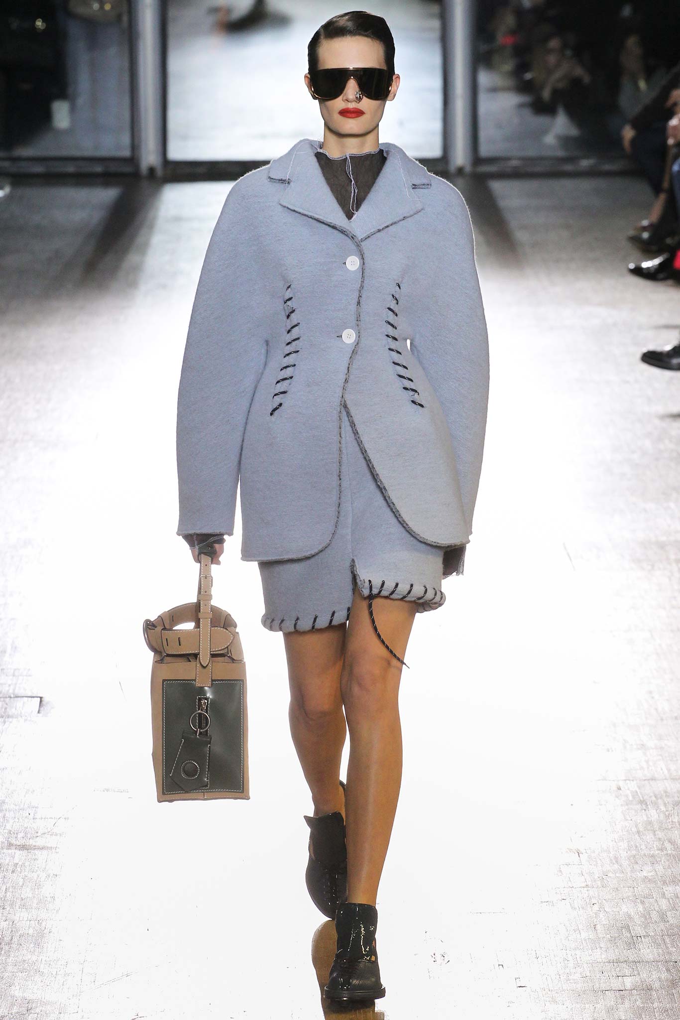 oversized blue jacket with fitted skirt