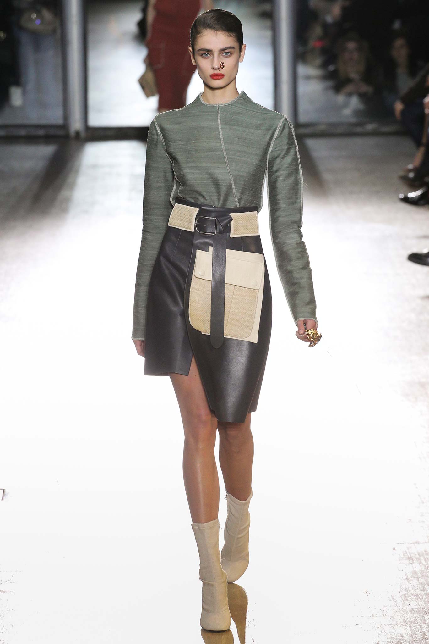 fitted green top with asymmetric skirt