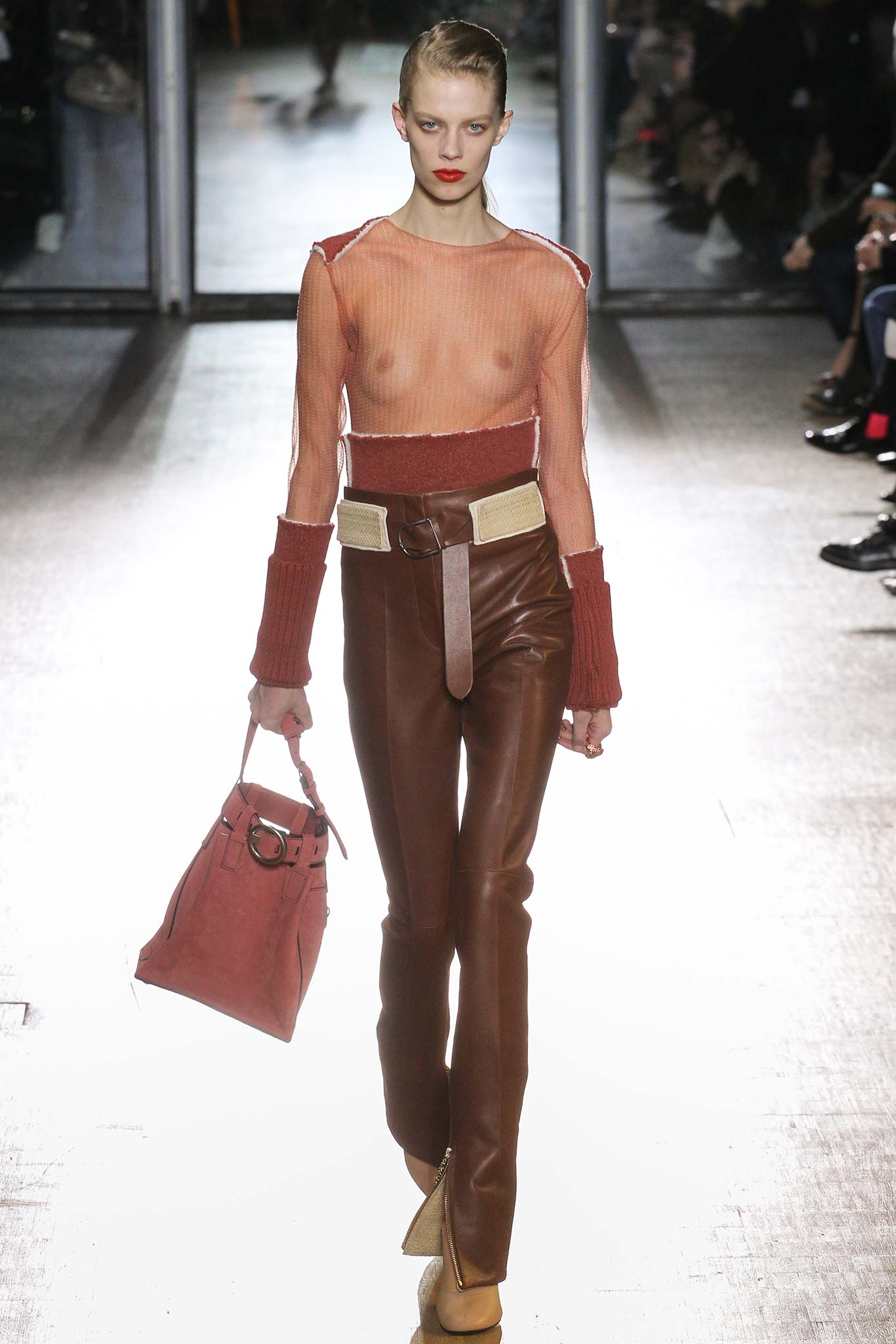 sheer red orange top with leather pants