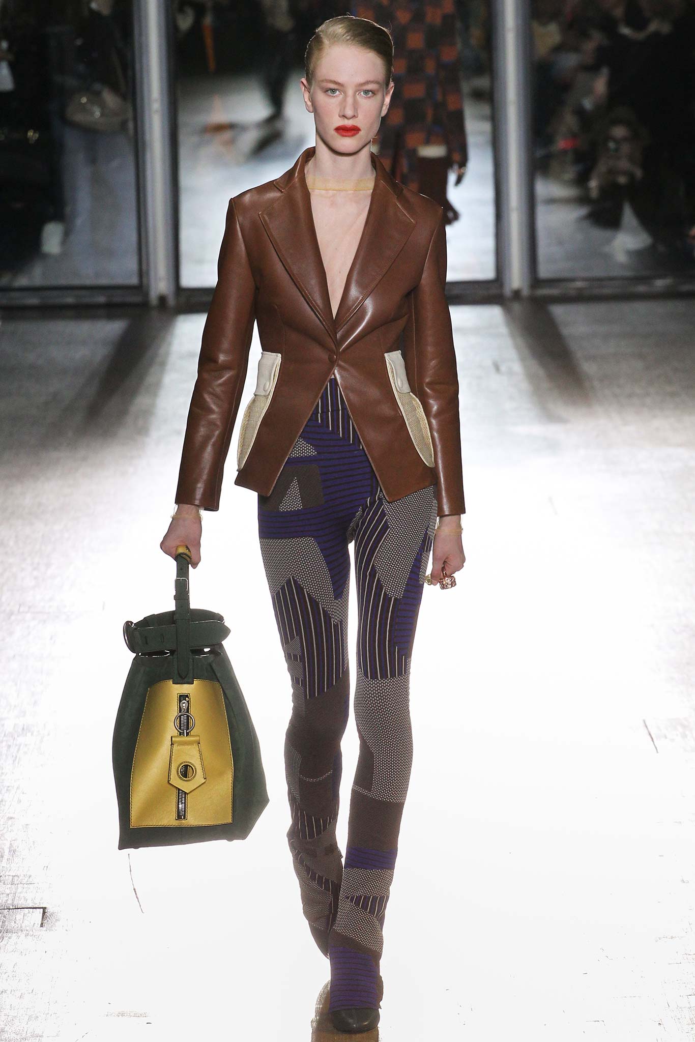 brown leather fitted blazer with printed pants