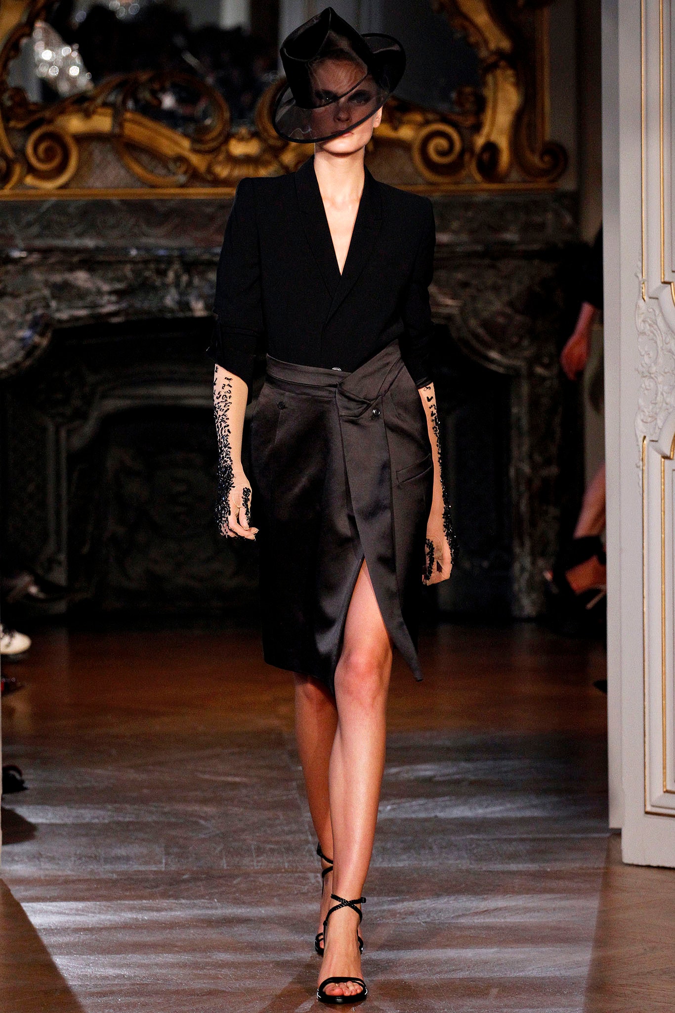 black silk fitted midi dress with hat