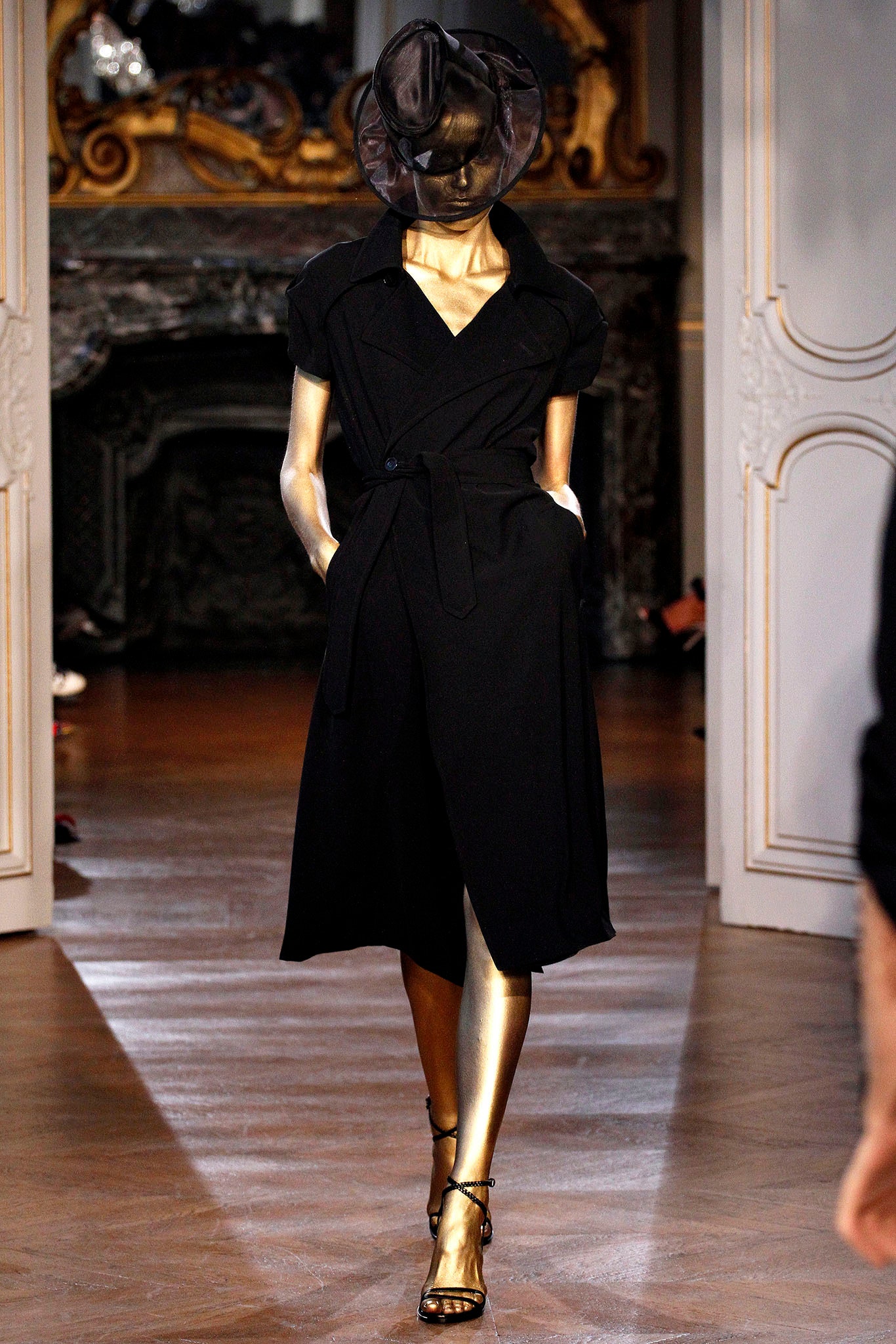 black belted midi dress with hat