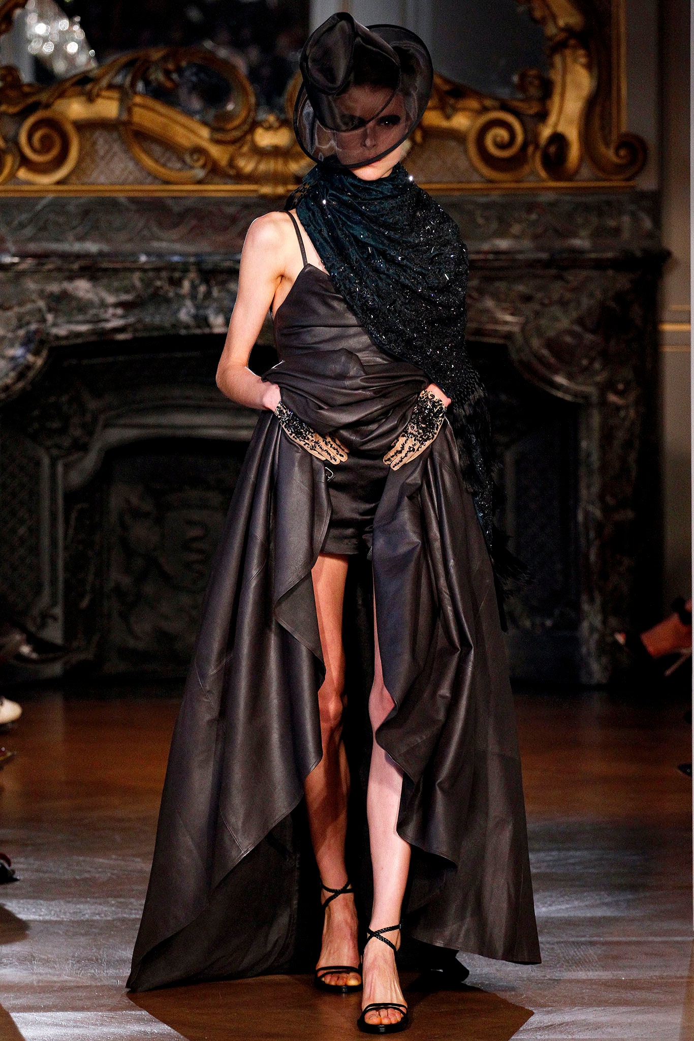 black leather fitted dress with scarf