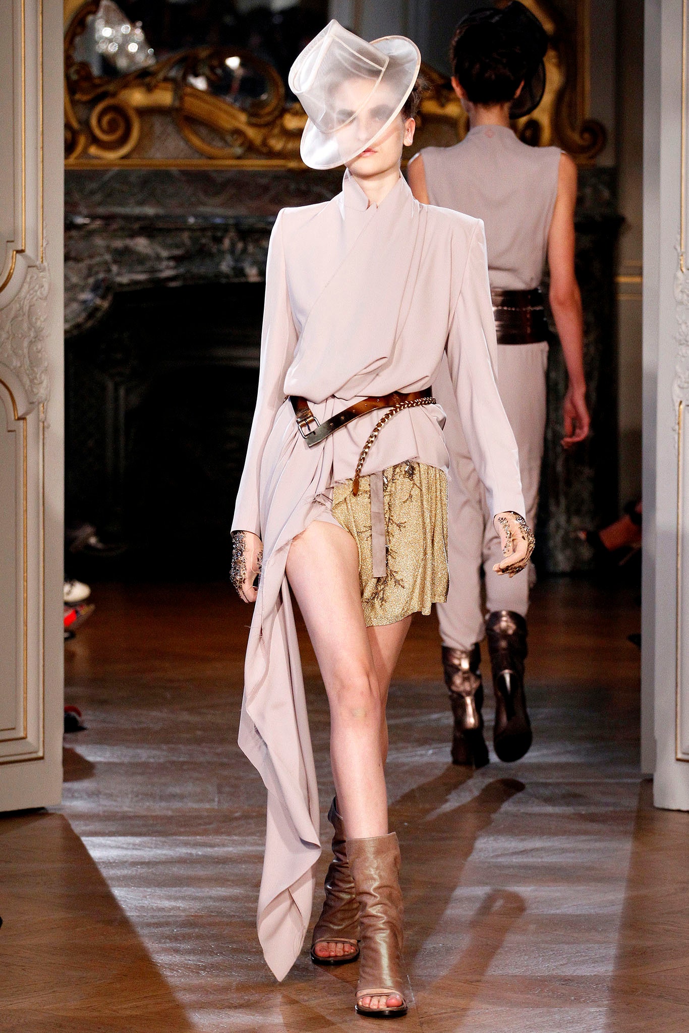 beige silk long-sleeve v-neck fitted draped belted dress