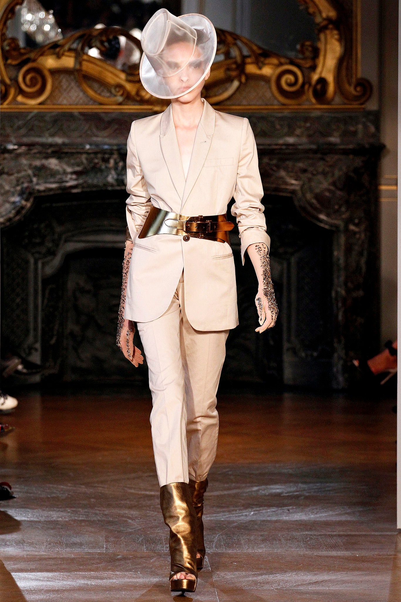 beige silk long-sleeve collared tailored buttoned suit