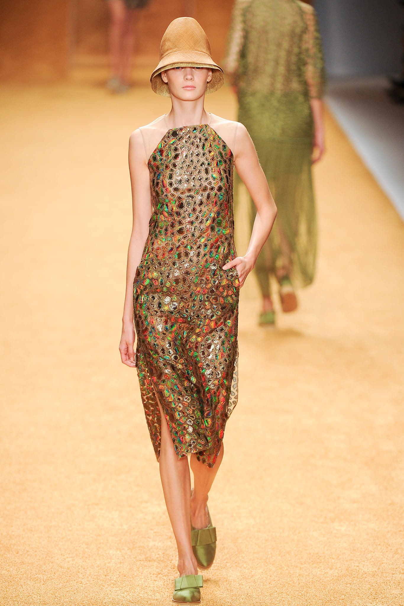 green mesh midi dress with hat