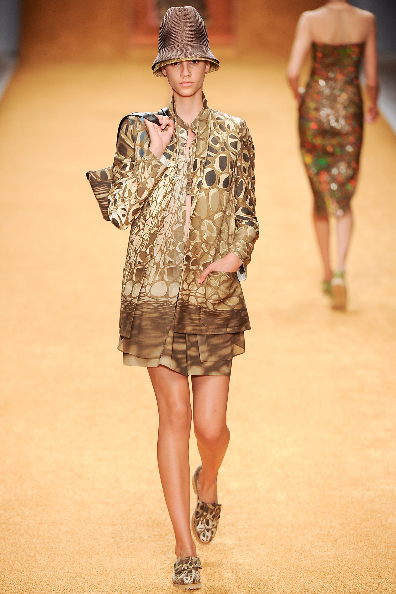 brown silk long-sleeve collared relaxed layered printed jacket