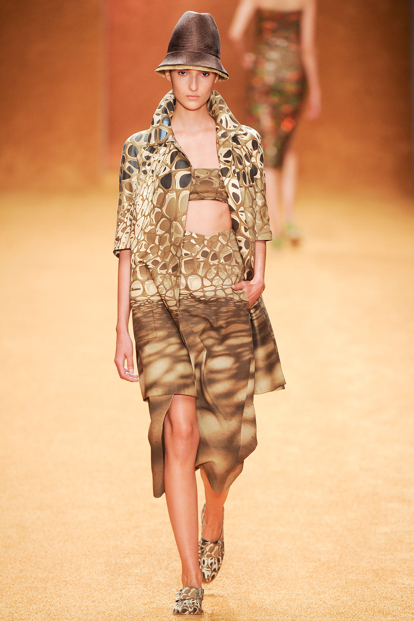 brown printed silk top and skirt