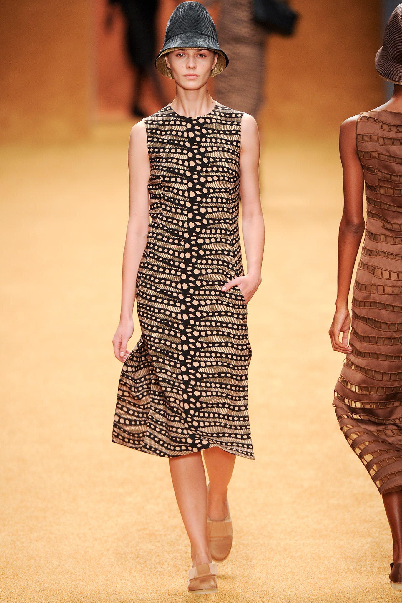 black and beige printed midi dress