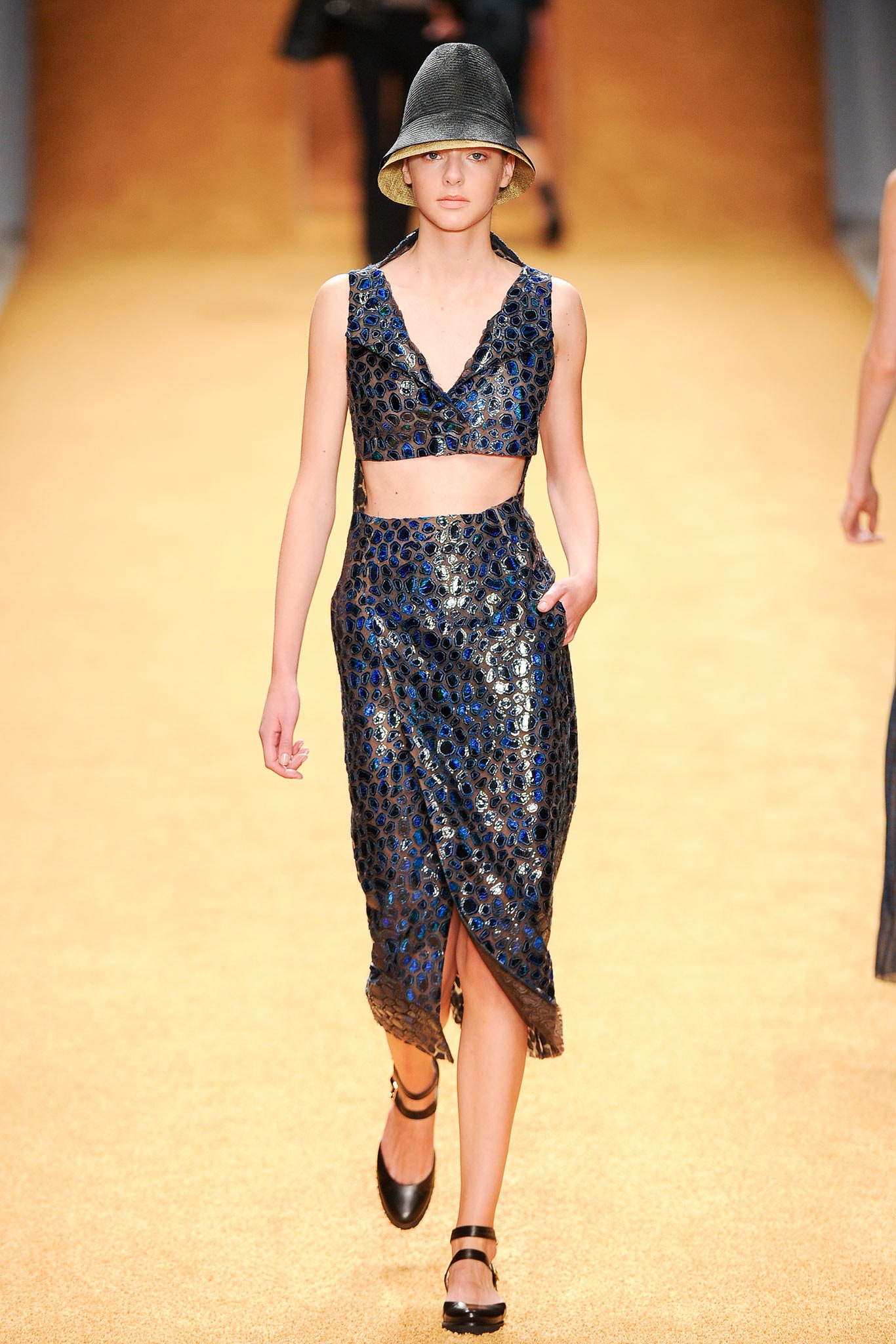 blue silk crop-top and midi skirt