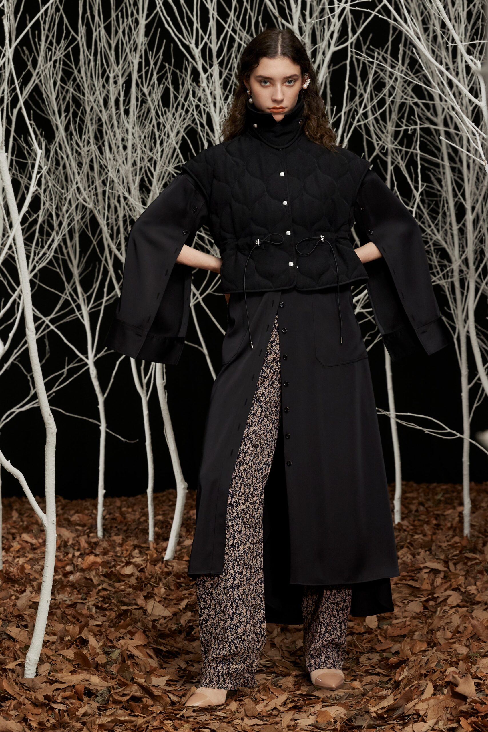 black silk long-sleeve collared fitted buttoned draped coat