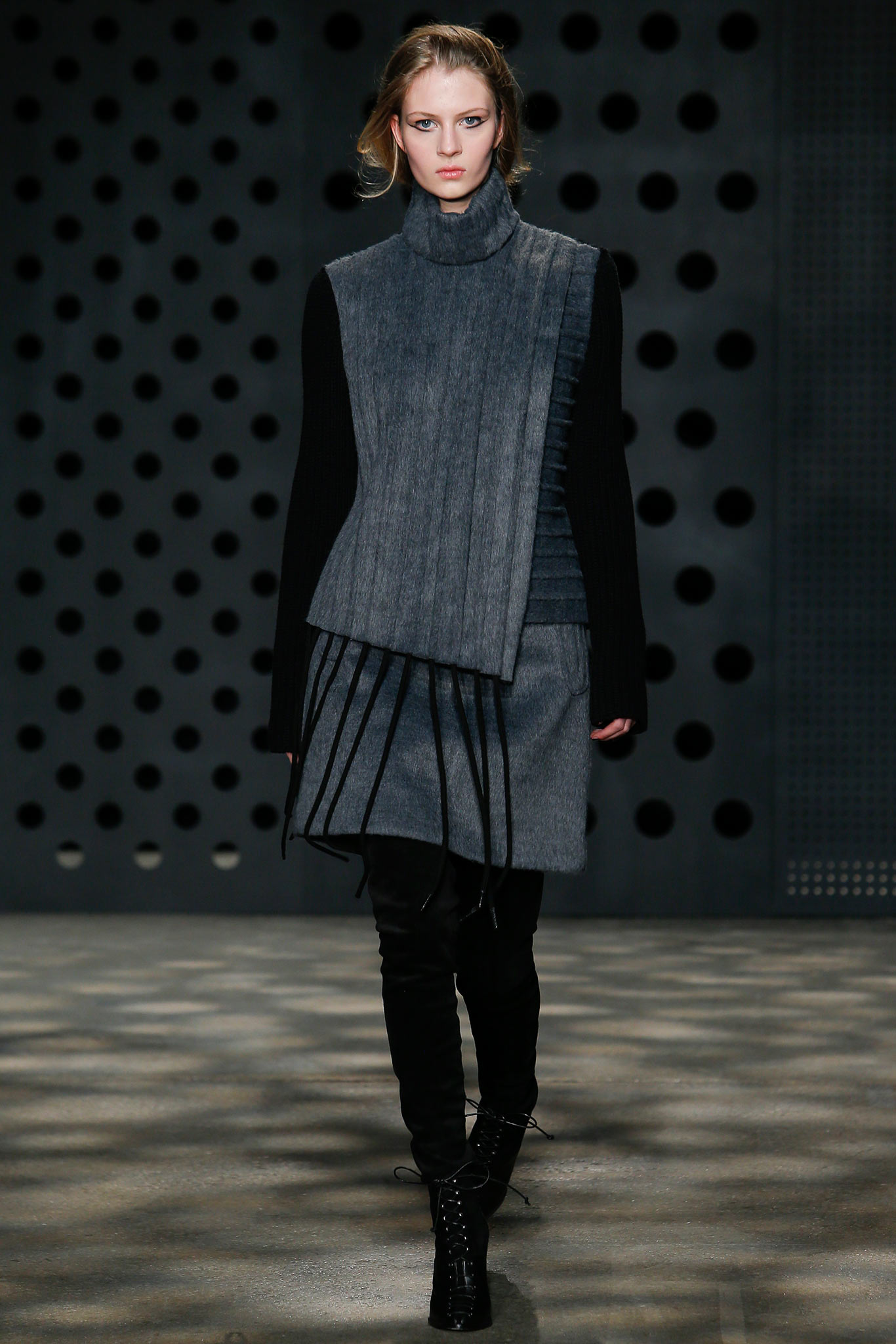 gray asymmetric mini dress with black pants