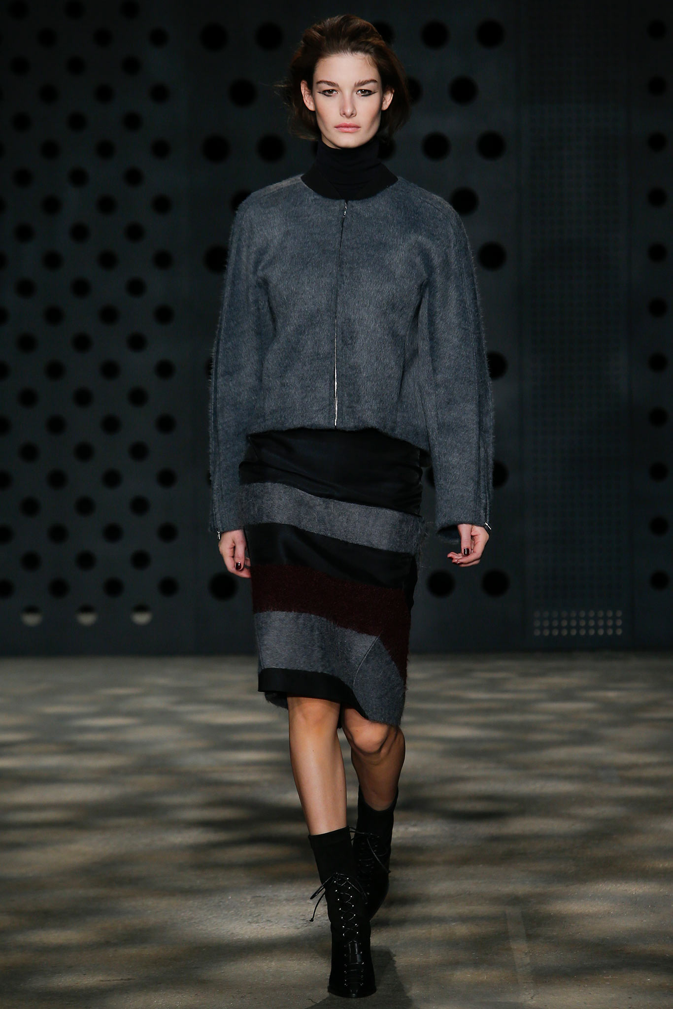 fitted gray wool jacket and pencil skirt