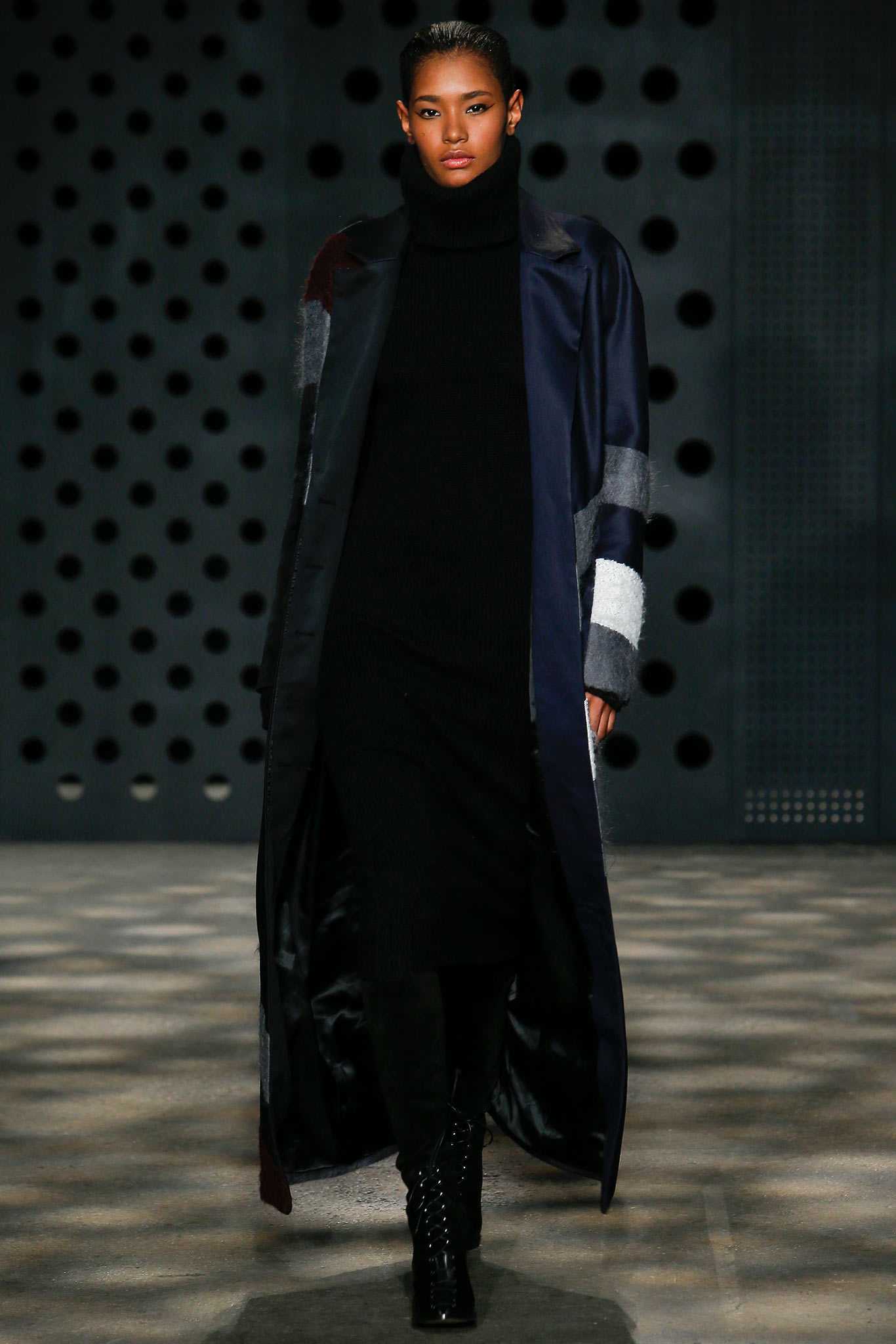 black fitted midi dress with blue coat