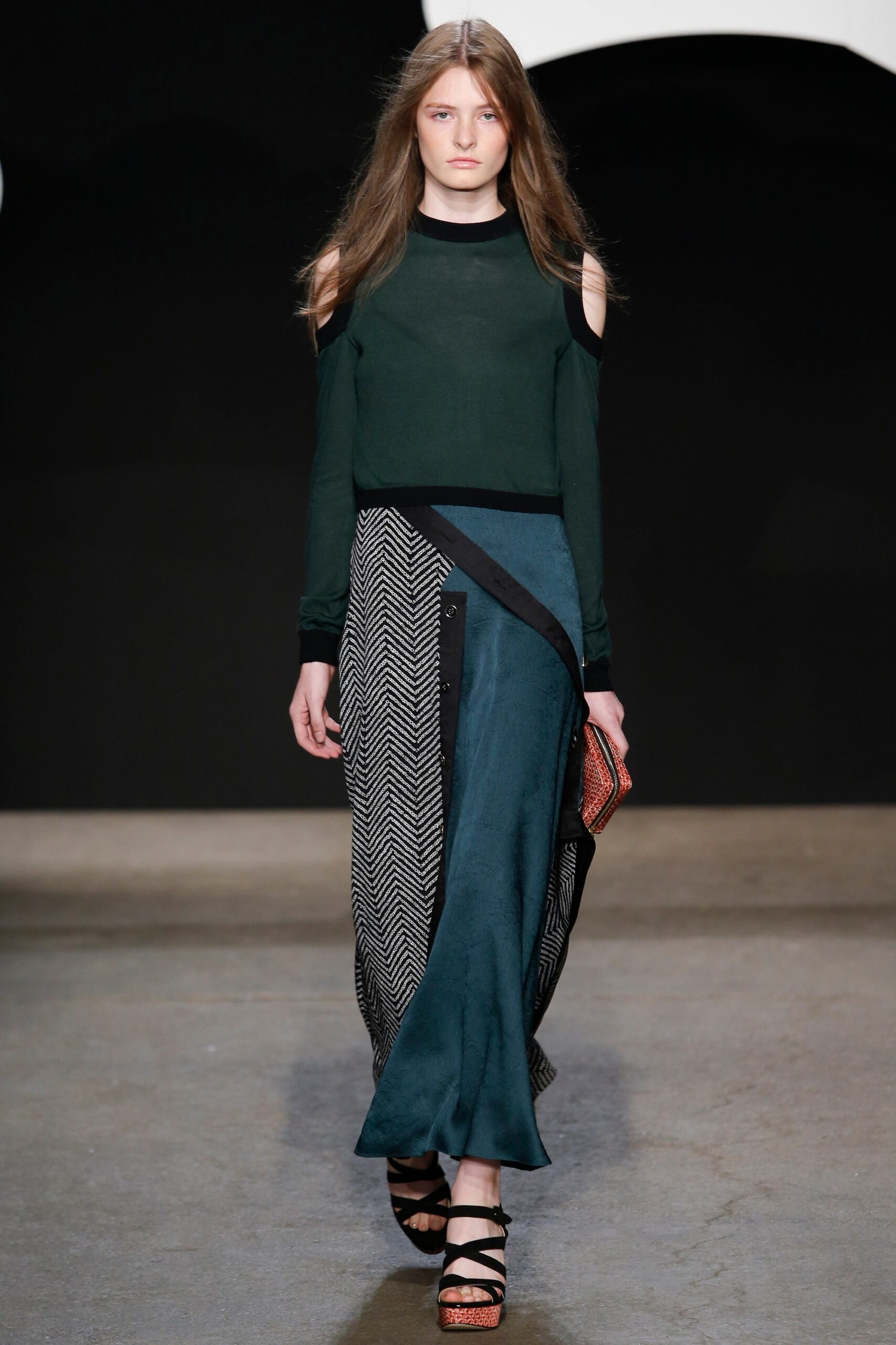 green fitted top with asymmetric skirt