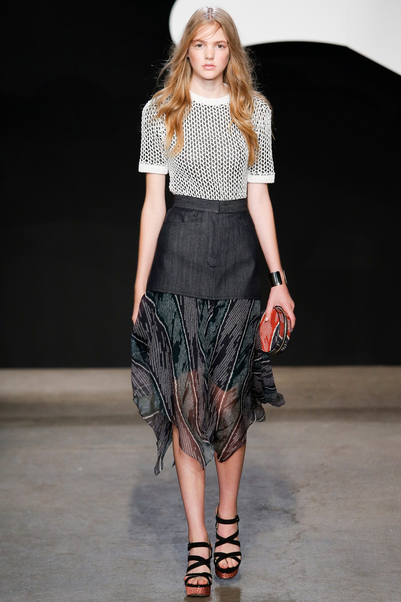 white fitted top with multi skirt