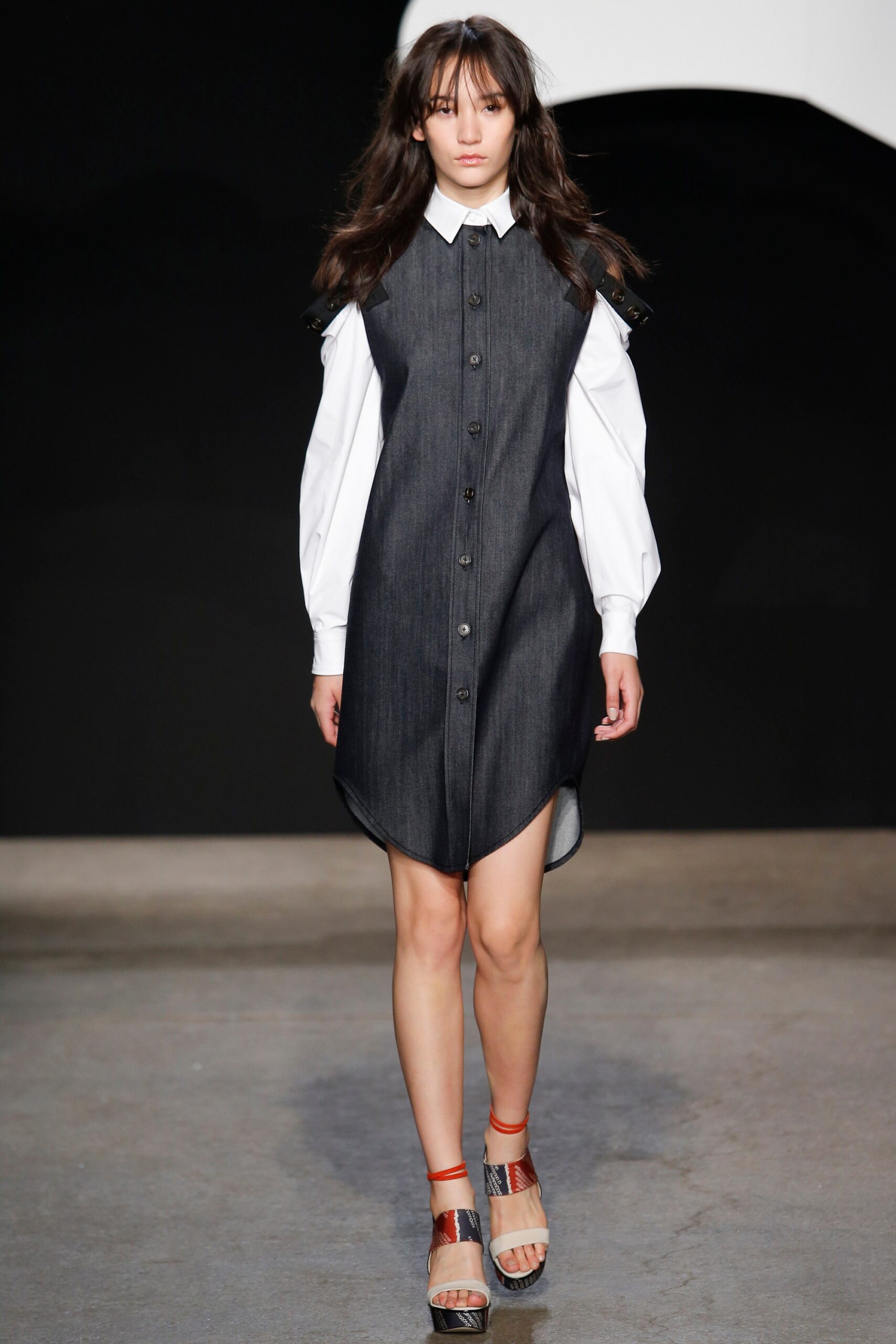 blue denim shirt-dress with white blouse