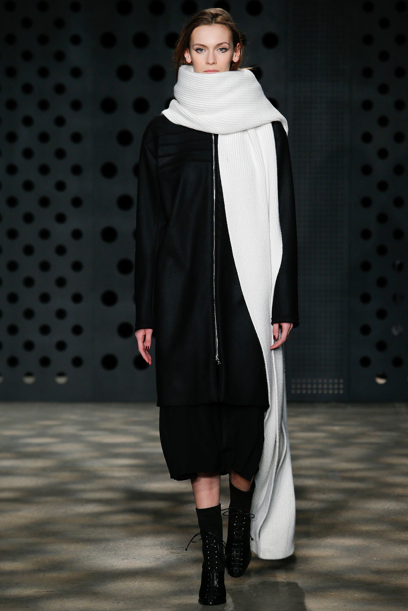 black wool relaxed coat with white scarf