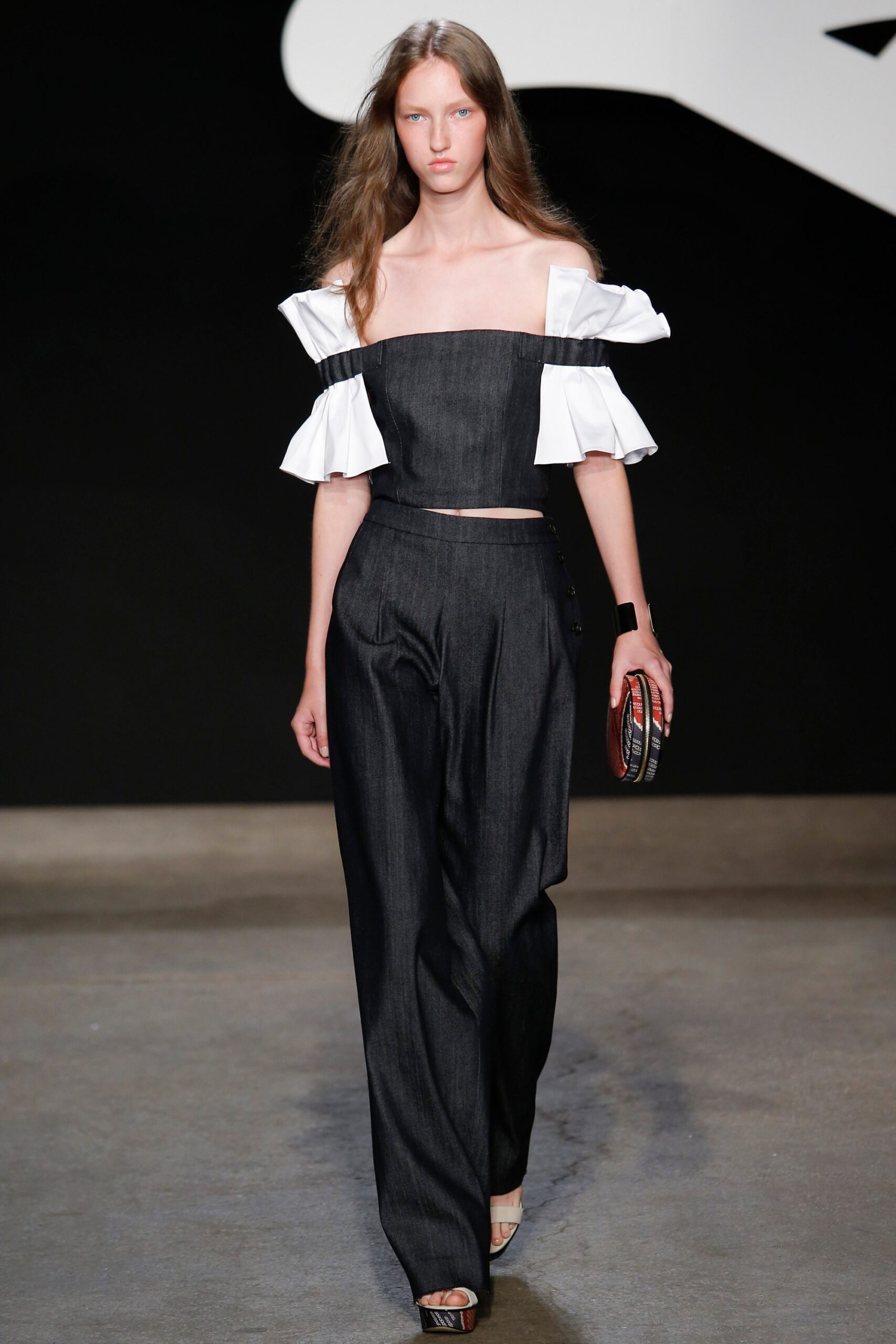 blue denim off-shoulder top with wide-leg pants