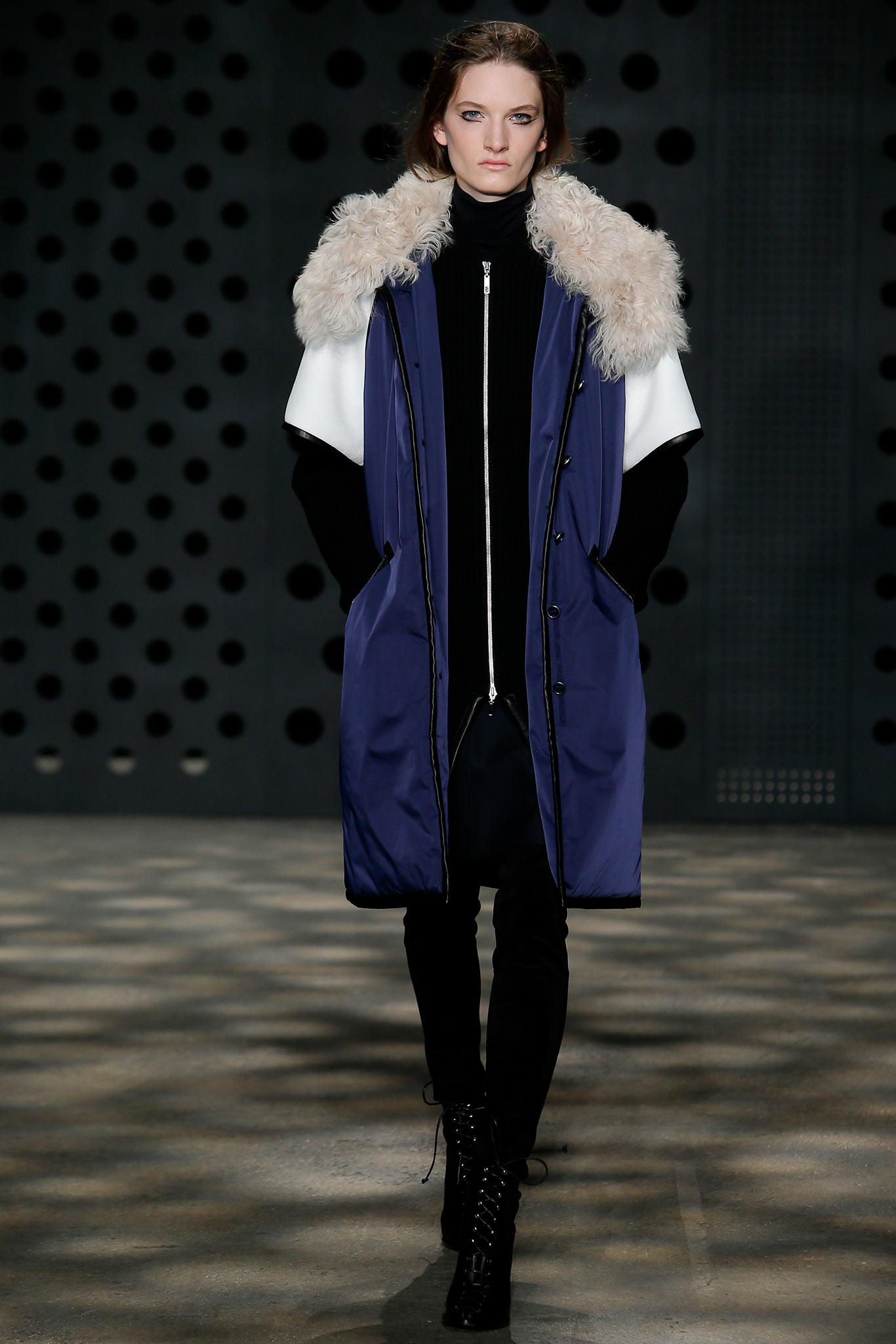 blue and white relaxed coat with faux-fur