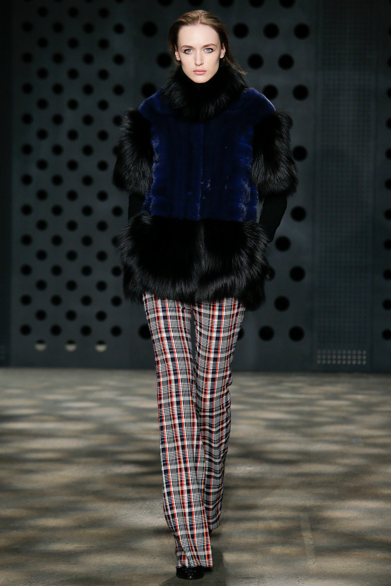 blue fur top with checked pants