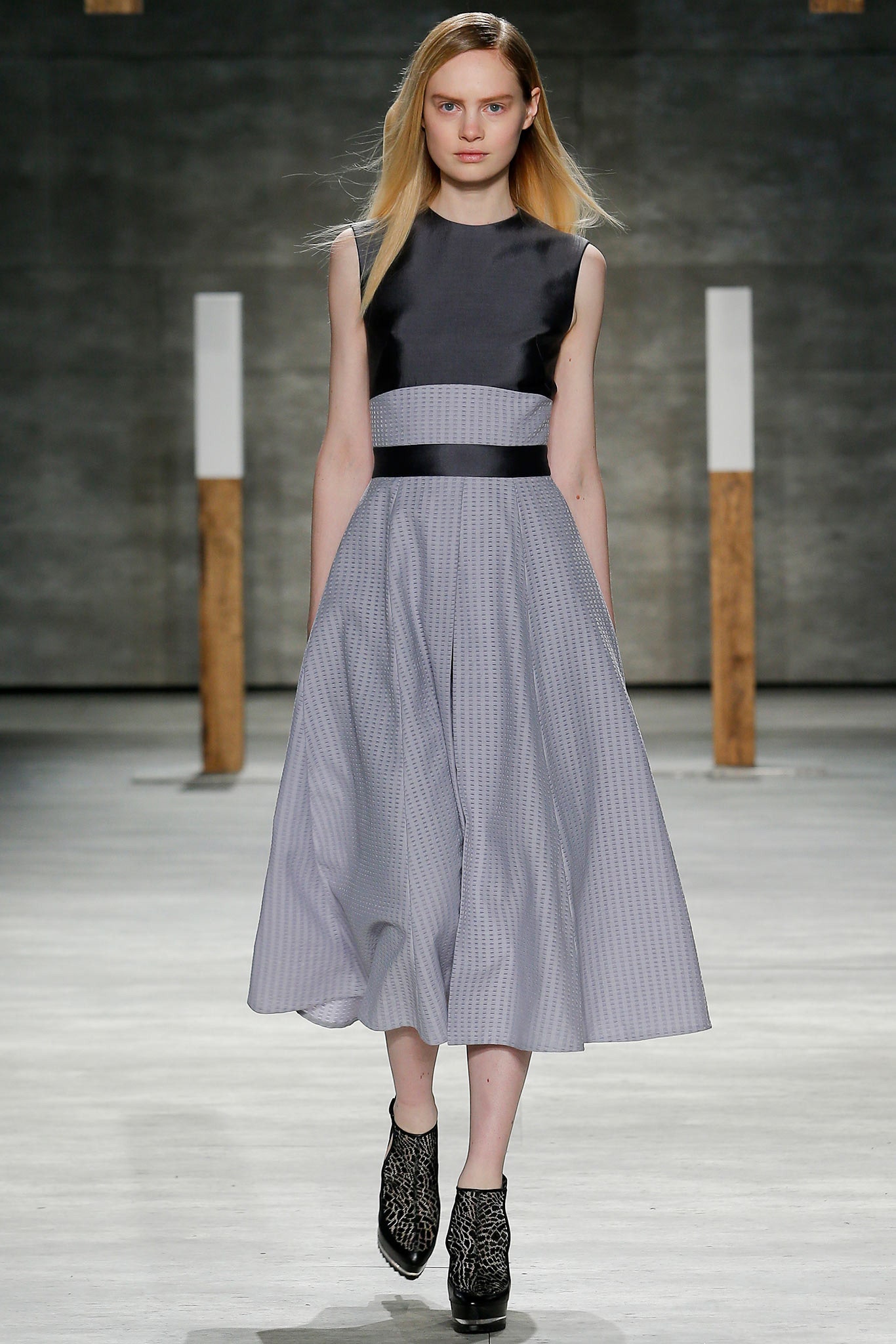 black gray belted midi dress