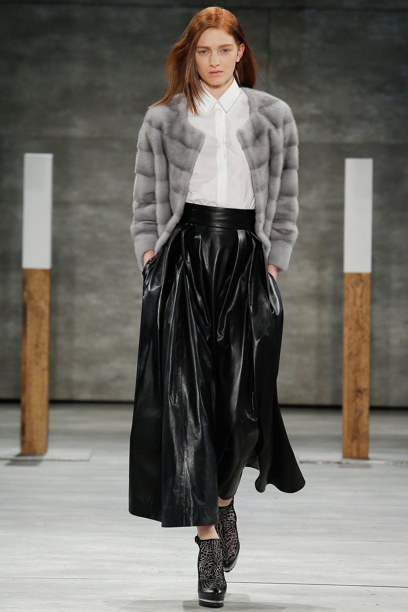 gray fur cardigan white shirt black leather skirt