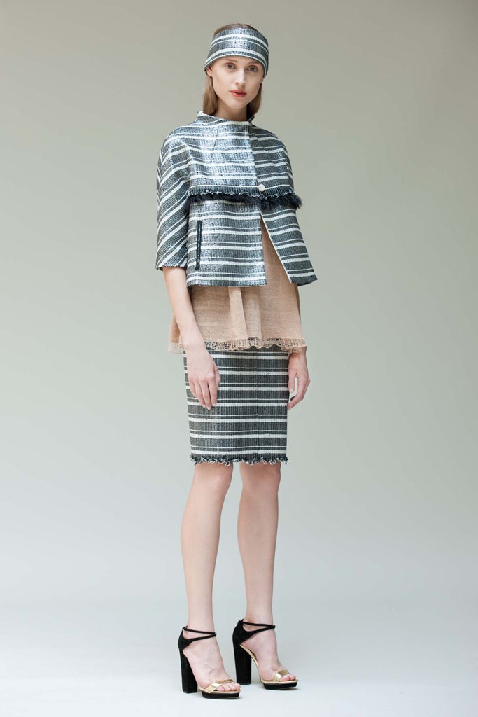 gray striped silk jacket with pencil skirt