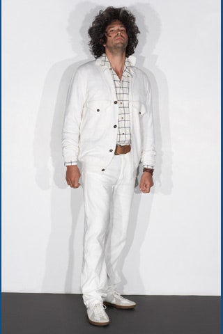 white relaxed jacket with checked shirt