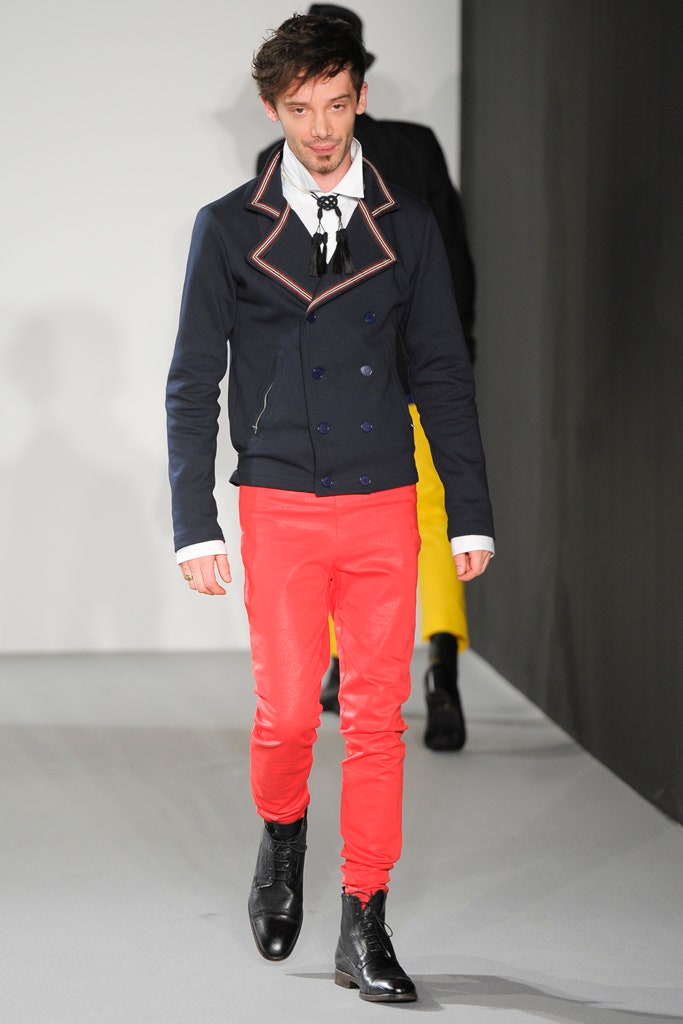 black jacket red pants outfit