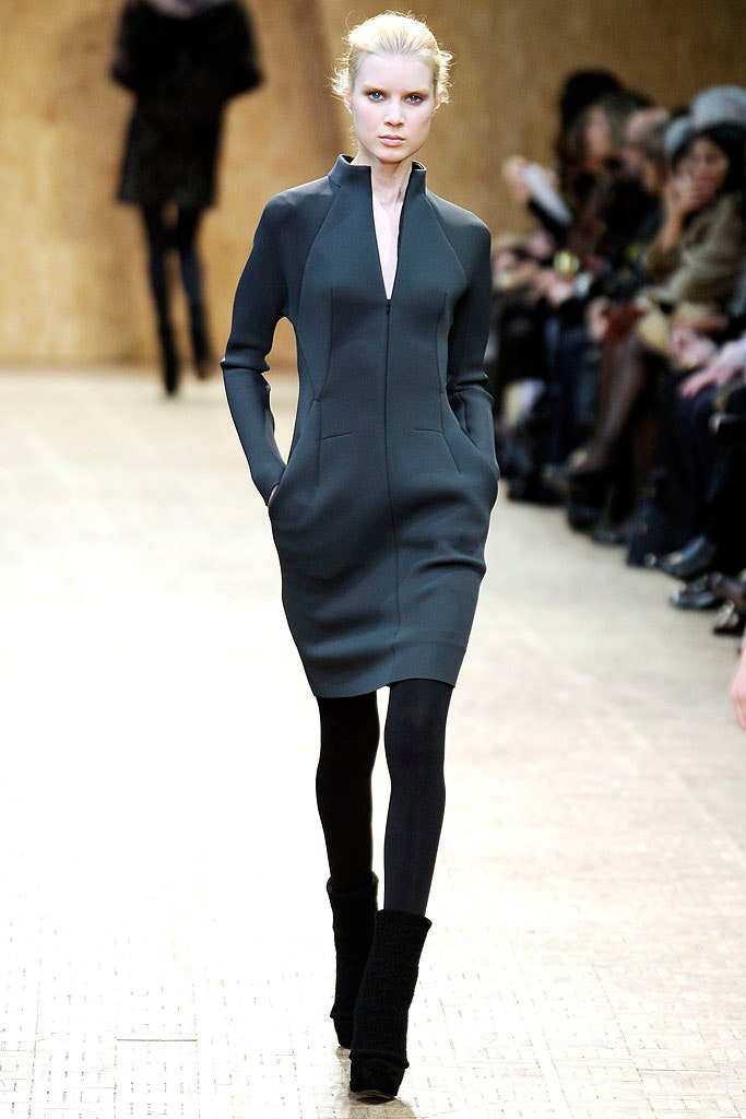 gray neoprene long-sleeve high-neck fitted pockets mini dress