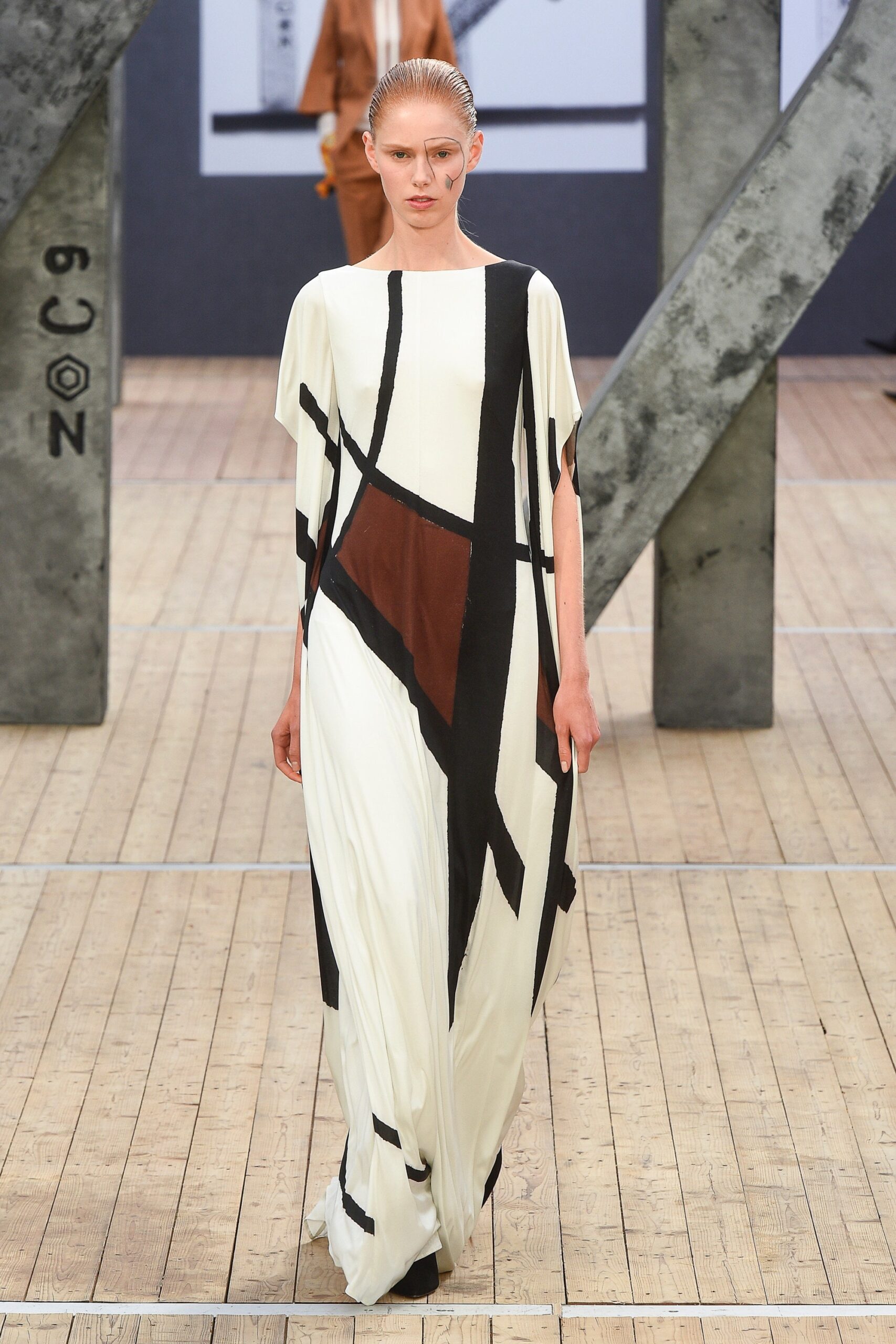 white and brown color-blocked maxi dress