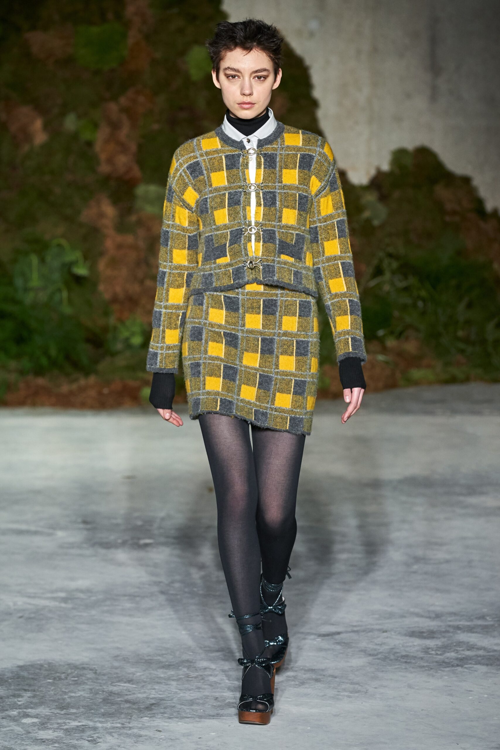 yellow gray checked mini dress