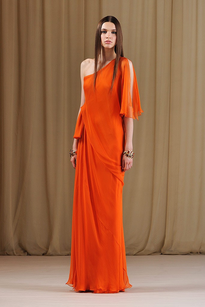 orange chiffon one-shoulder gown