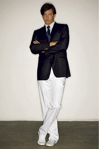 black tailored blazer with white pants