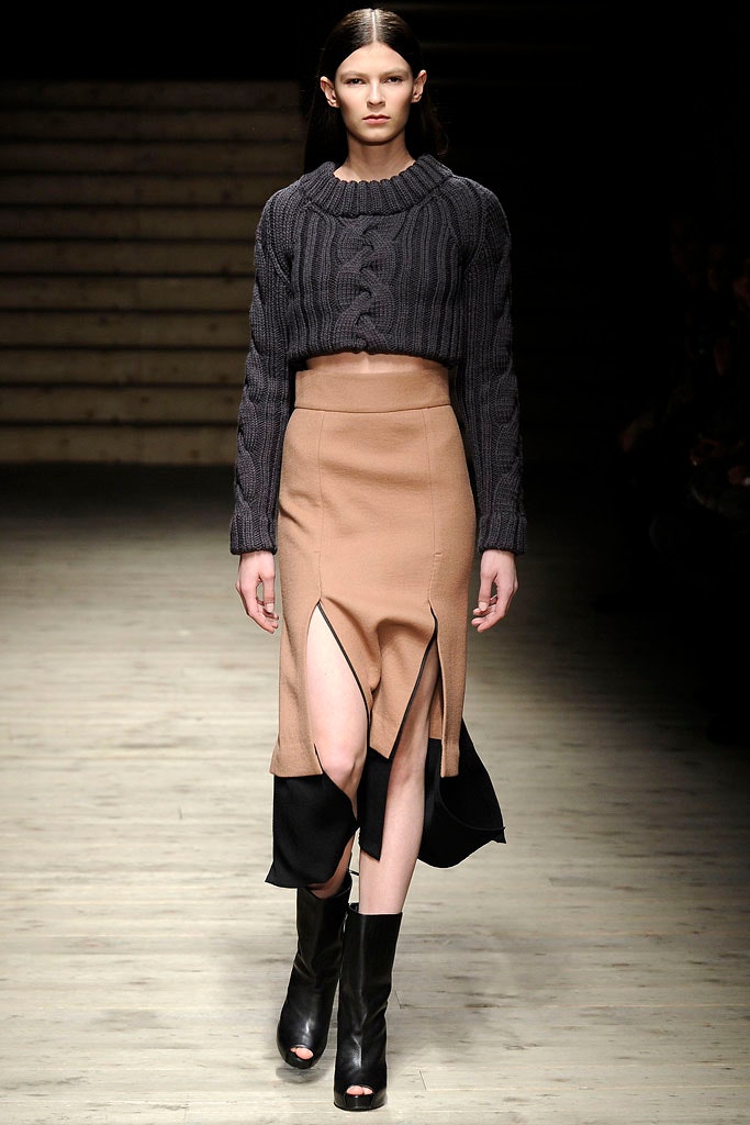 black wool fitted top with beige skirt