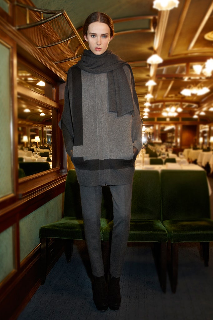 gray oversized coat with tailored pants