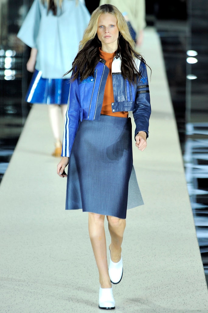 blue leather jacket with orange top