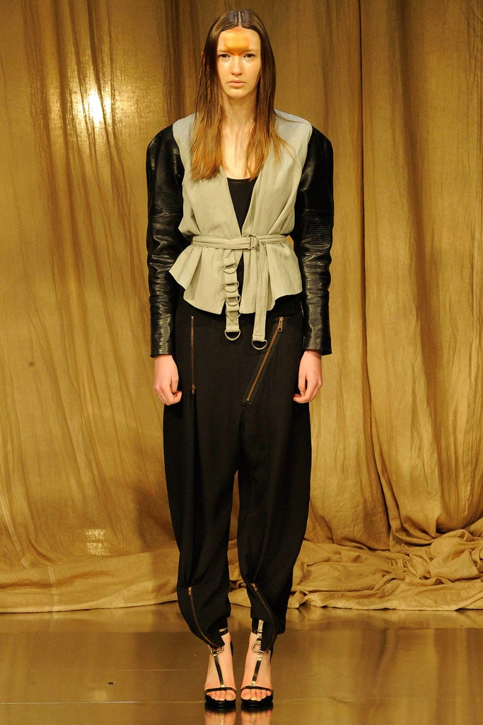 gray and black fitted jacket with relaxed pants