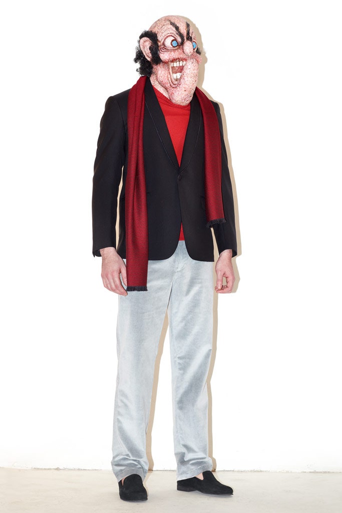 black blazer red top gray pants