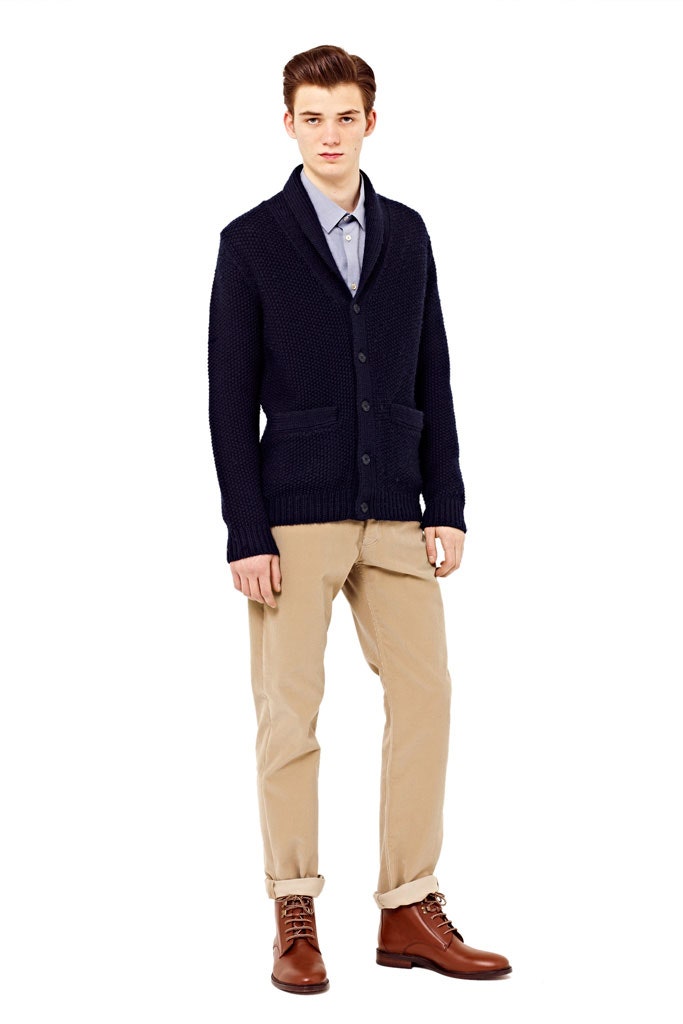 blue wool long-sleeve collared relaxed buttoned pockets cardigan